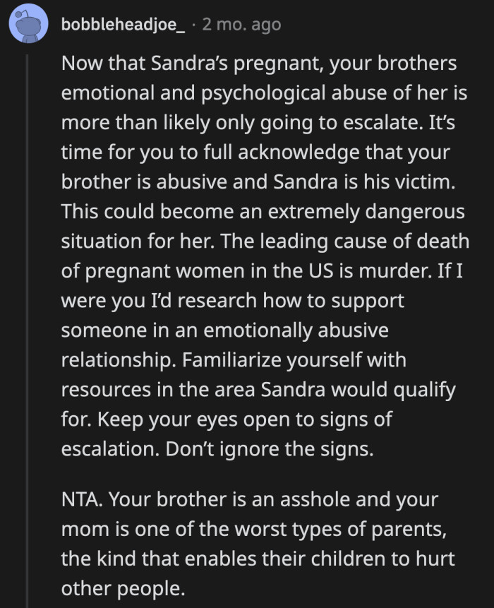 OP Needs to Keep an Eye on Her Brother Because He Might Potentially Escalate His Abuse Now That Sandra Is Pregnant and Vulnerable