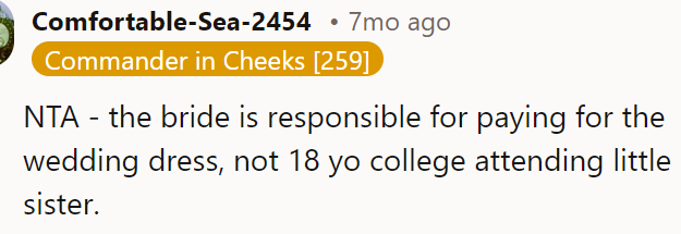 The OP is not obligated to pay her sister's wedding dress