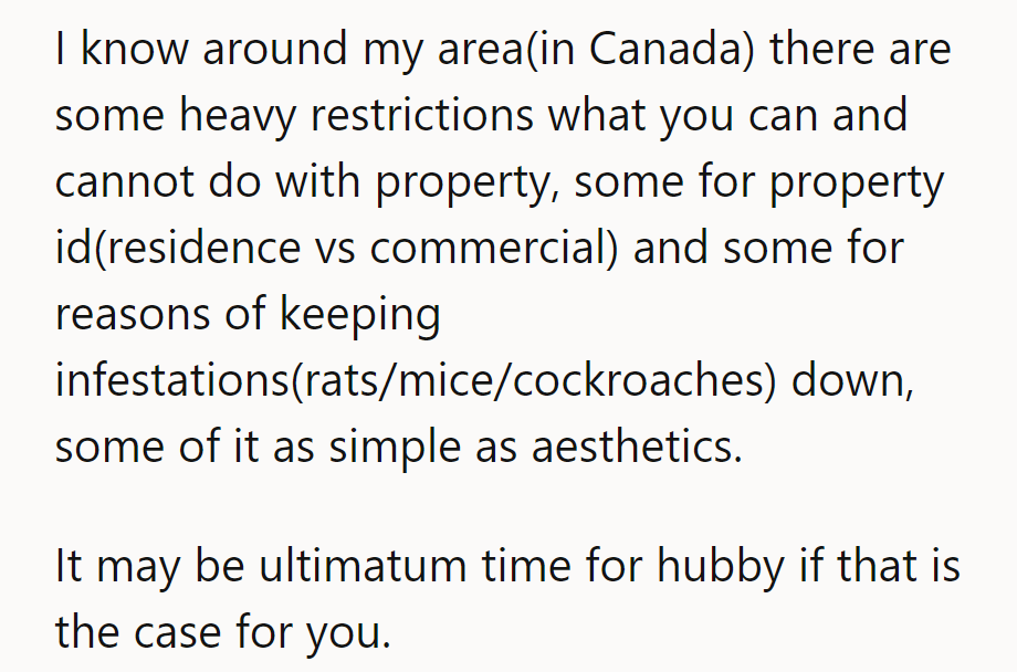 Looks like it's time for an ultimatum with hubby if those restrictions apply—rats, roaches, and fines aren't exactly curb appeal.