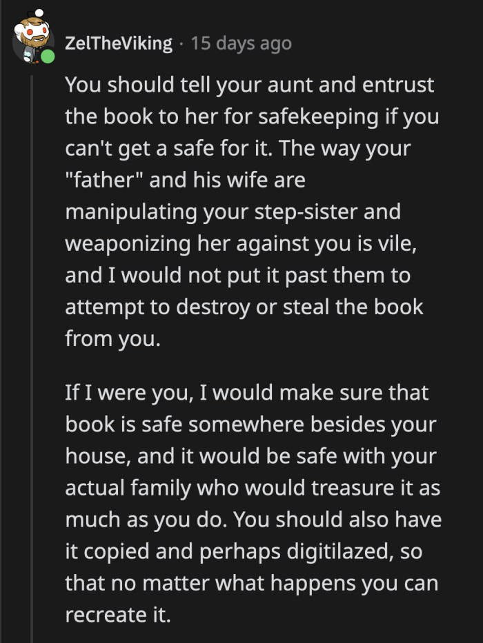 It would be best if OP keeps the cookbook in some other place — somewhere far from her paternal side of the family.