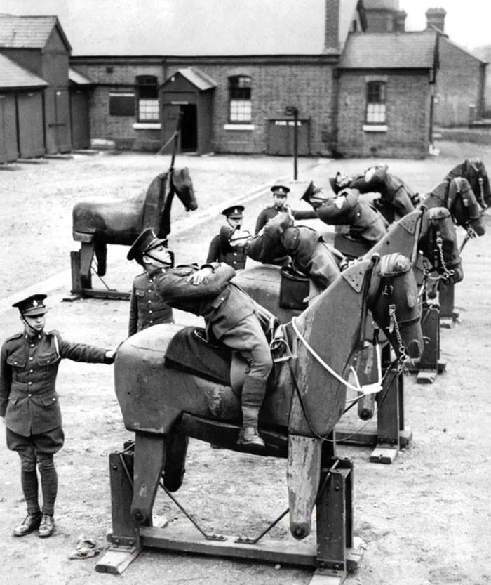 New Recruits Of The 7th Queen's Own Hussars Regiment Practice Balancing On Wooden Horses, 1935