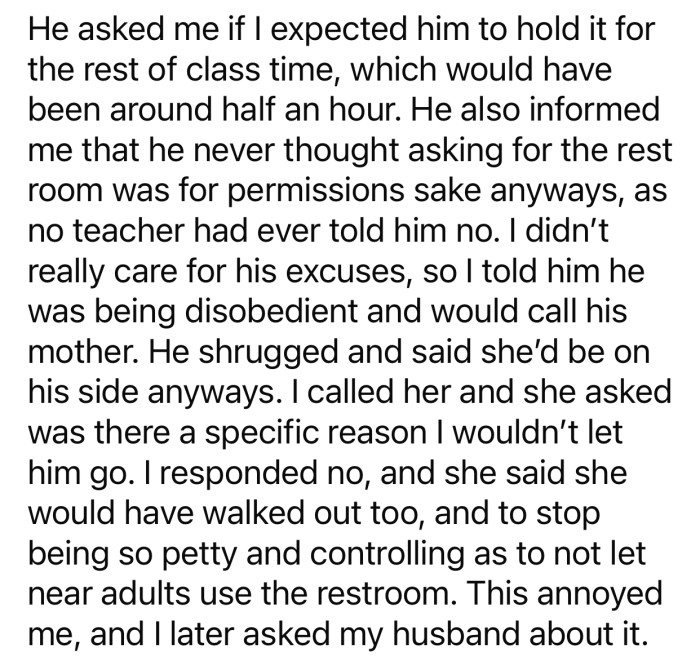 OP considered the student's behavior 'disobedience' and called his mother.