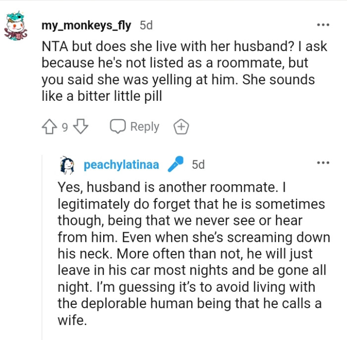 The OP says the mean roommate's husband is also another roommate