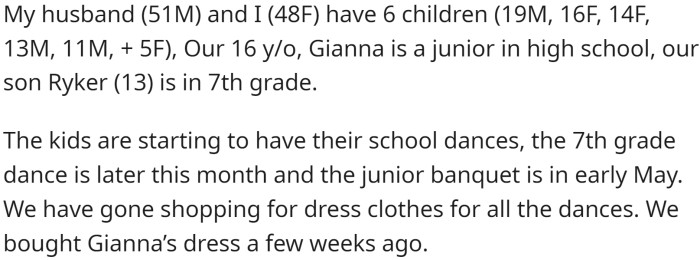 OP and her husband have six children, including Gianna, who is a junior in high school, and Ryker, who is in seventh grade.