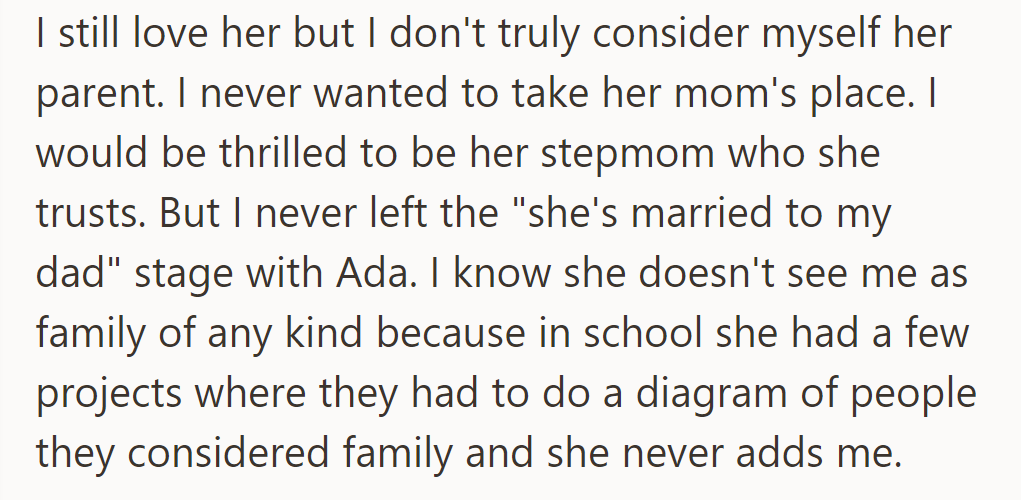 She loves Ada but doesn't see herself as her parent. Ada sees her as her dad's wife, not family, as she's not included in school diagrams.
