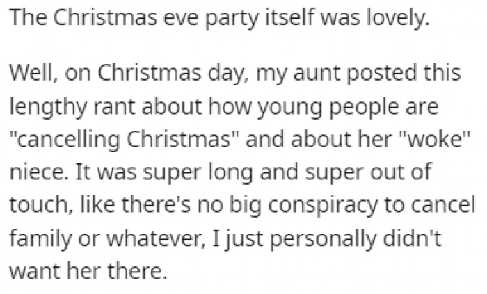 The party was lovely, but the aunt decided to post a rant on Facebook about young people ruining Christmas