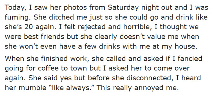 The OP Saw Pictures of Her Friend Drinking Merrily. She Got Angrier.