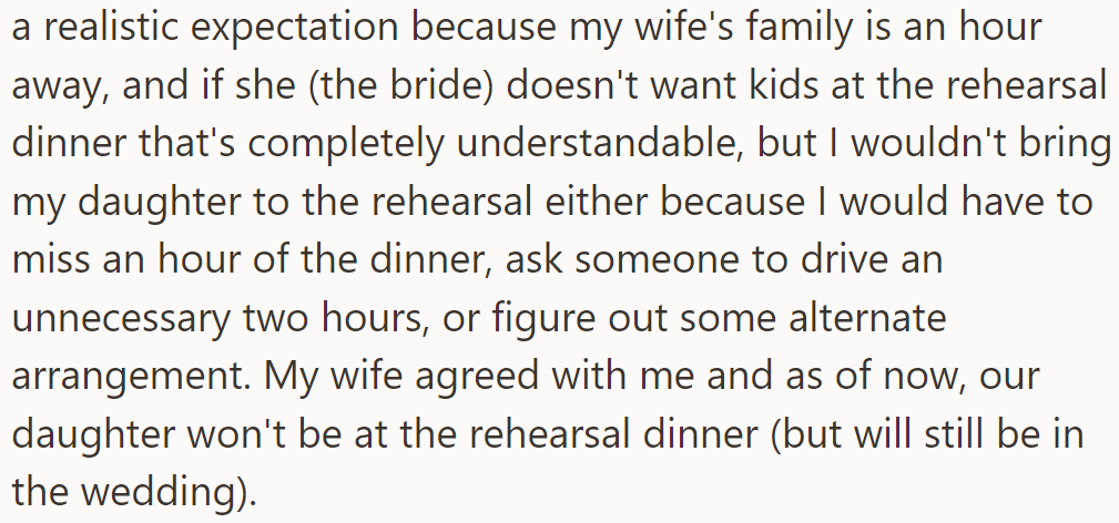 OP declined to bring his daughter to the rehearsal, especially due to the stress involved. Since she wasn't important enough to be included in the dinner, there was no need for her to attend the rehearsal at all.