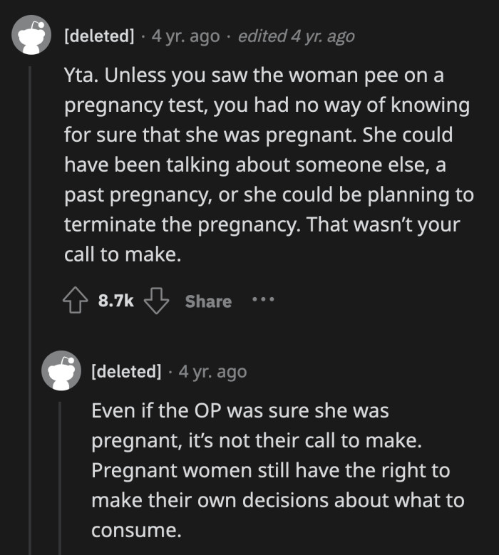 Even if the woman was obviously pregnant, the OP was out of bounds for changing her order without asking.