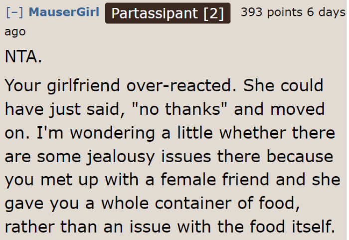 It's the girlfriend who overreacted, not the OP.