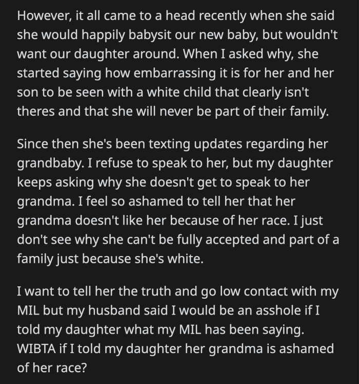 OP's daughter is asking why she can't see her grandma and OP doesn't know if it's proper to tell her about the real reason