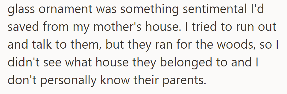 OP is upset about the sentimental ornament broken by the kids. They tried to talk to them, but the kids fled. OP doesn't know their parents or where they live.