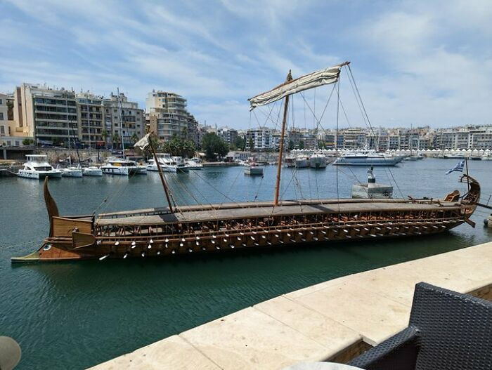 21. A Fancy Ancient Greek Warship Docked at the Harbor of Piraeus, Greece