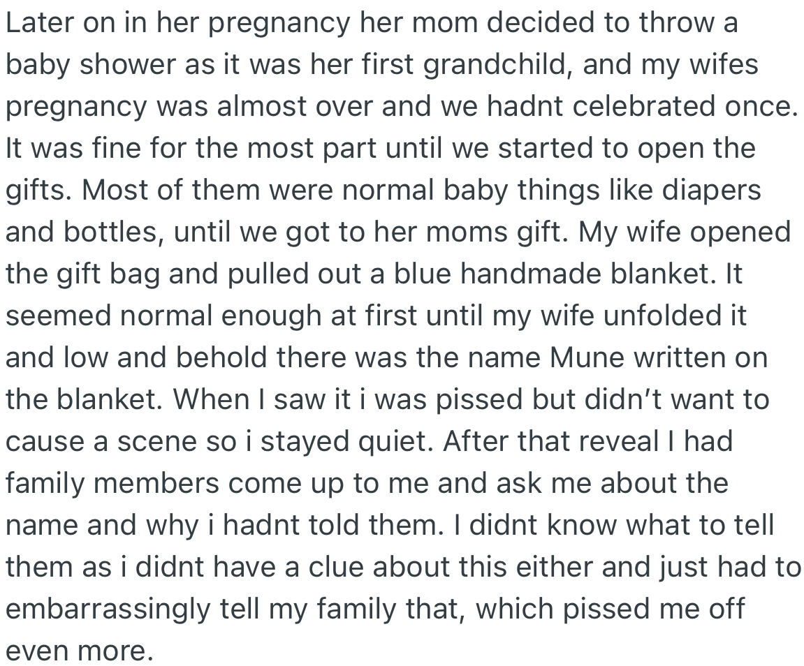 Interestingly, OP’s MIL decided to throw a baby shower at the final stage of the pregnancy. To OP’s surprise, the name “Mune” was written on one of the gifts