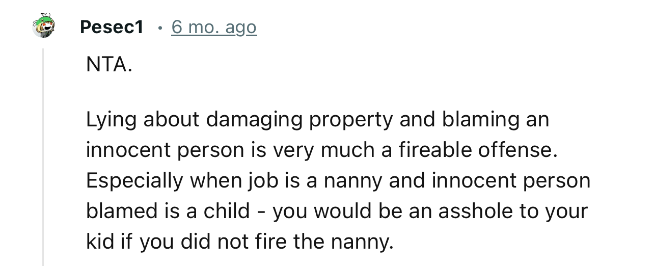 “NTA.     Lying about damaging property and blaming an innocent person is very much a fireable offense.”
