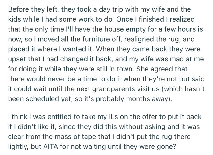 OP Moved the Furniture Back How He Wanted Without Caring That His In-Laws Were Still Around