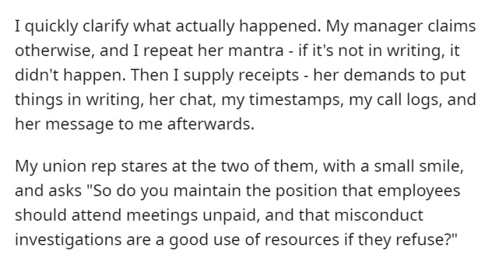 After OP laid out their evidence, the union rep stepped in to finish the job