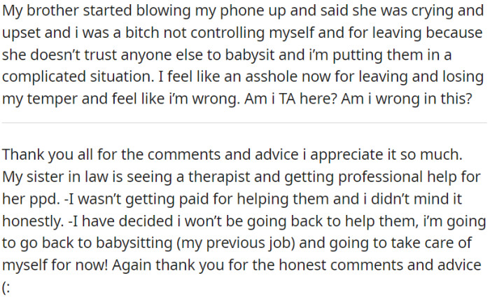 OP left her sister-in-law's home due to feeling mistreated