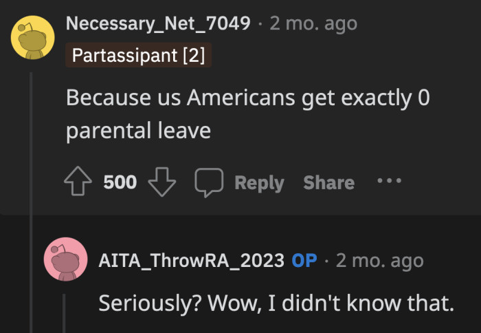 OP was surprised that American employees receive shorter leave times and that they are unpaid