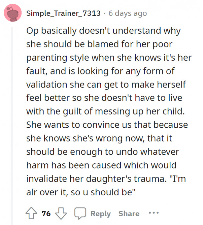 OP seeks validation that can’t be found on Reddit. She tried convincing the people, but it just doesn’t work that way.