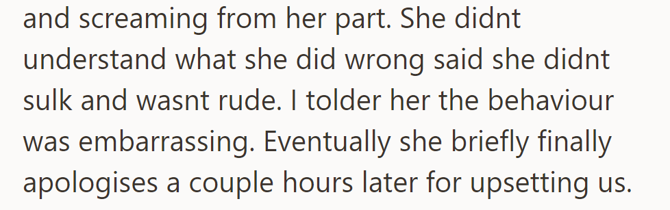 She argued, denied wrongdoing, then briefly apologized for upsetting them.