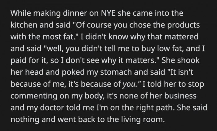 While they were eating, she continued her tirade and even brought up OP's finances