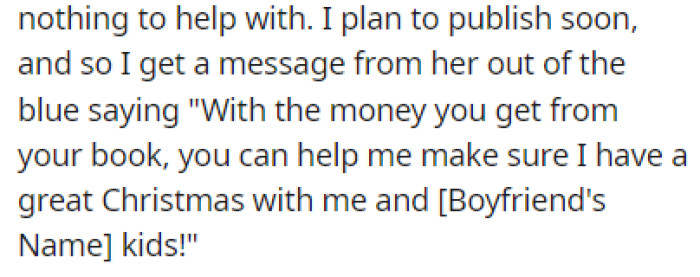 OP's about to publish their book and their mom wants a cut of the profit