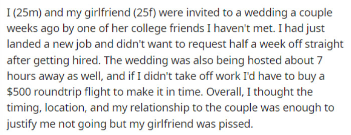 OP starts off his post explaining the situation with the wedding, which friends it was for, and why his girlfriend wanted him to go.