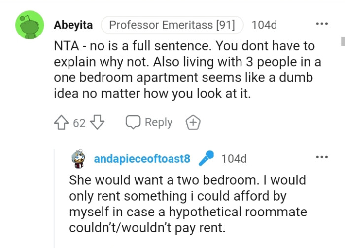 Three people living in a one-bedroom apartment is a dumb idea