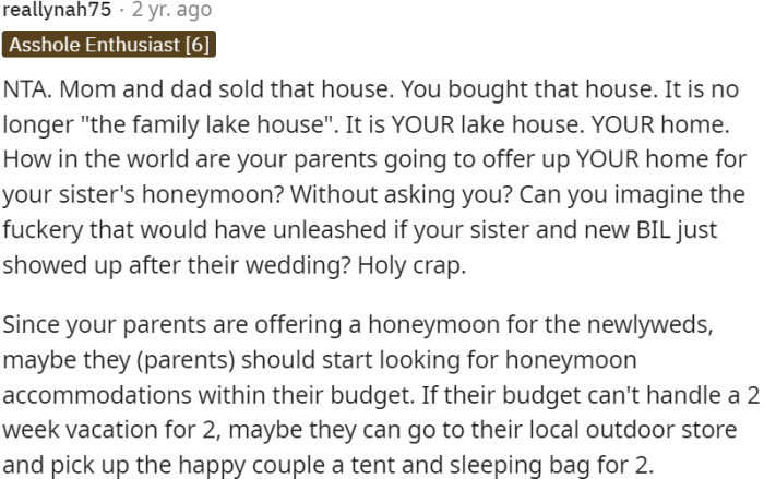 It's now OP's home, not a family vacation house.