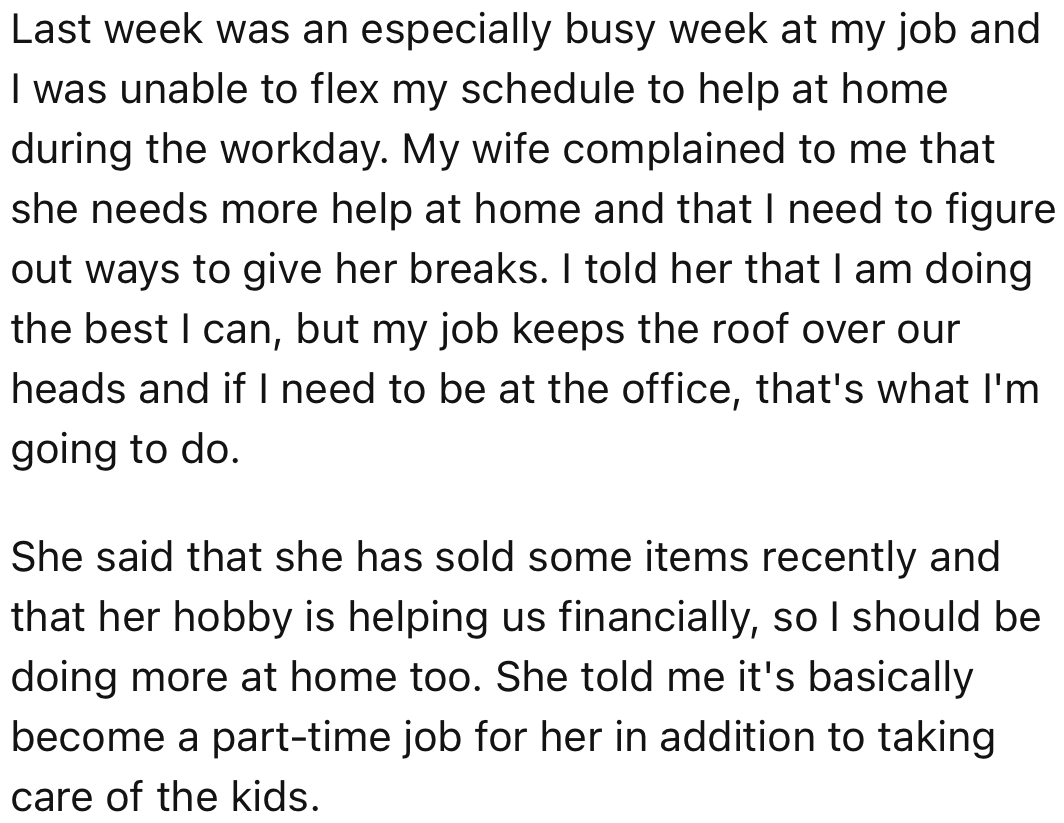 OP had a busy work schedule and could not help at home. This made his wife complain and reiterate the importance of her hobby.