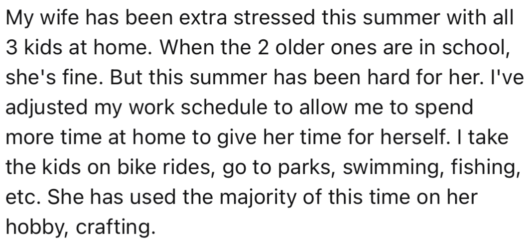 Being summer, OP’s wife has to deal with all three kids. OP adjusted his work schedule to help out at home.