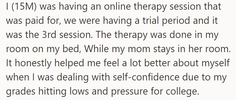OP had his third online therapy session in his room, boosting his self-confidence amidst academic stress.