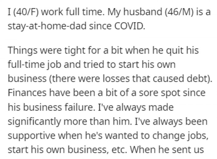 OP works full time while her husband is a stay-at-home dad since COVID