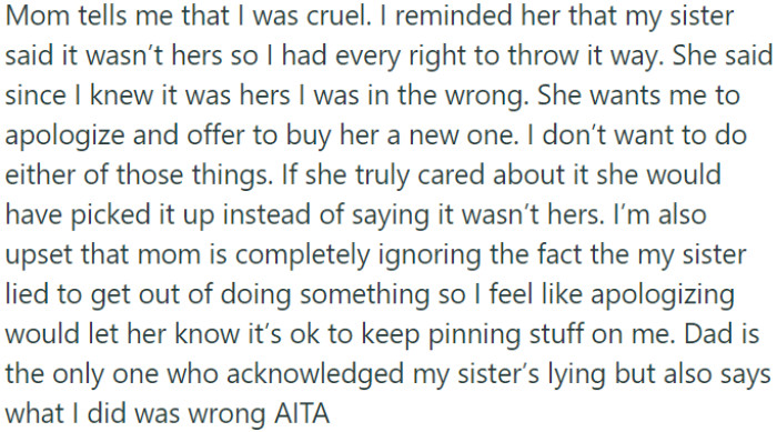 OP's mom accuses her of cruelty for throwing away her sister's makeup palette.