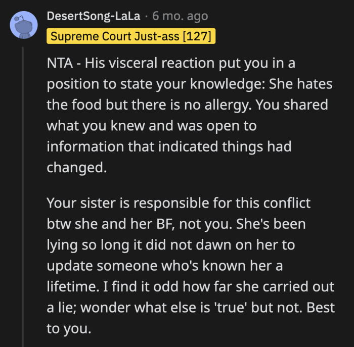 Why couldn't she have told her boyfriend the truth about how much she hated this particular food instead of faking a medical condition?
