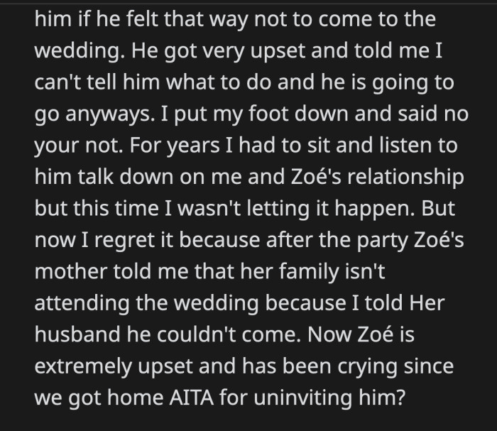 Zoé was upset by how things turned out. She cried when they got home, and it made OP question if she had done the right thing.