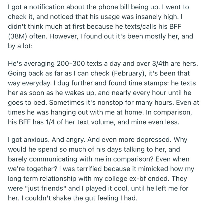 OP noticed that her husband has been making way more calls and texts than usual with friends, especially with an old college female friend