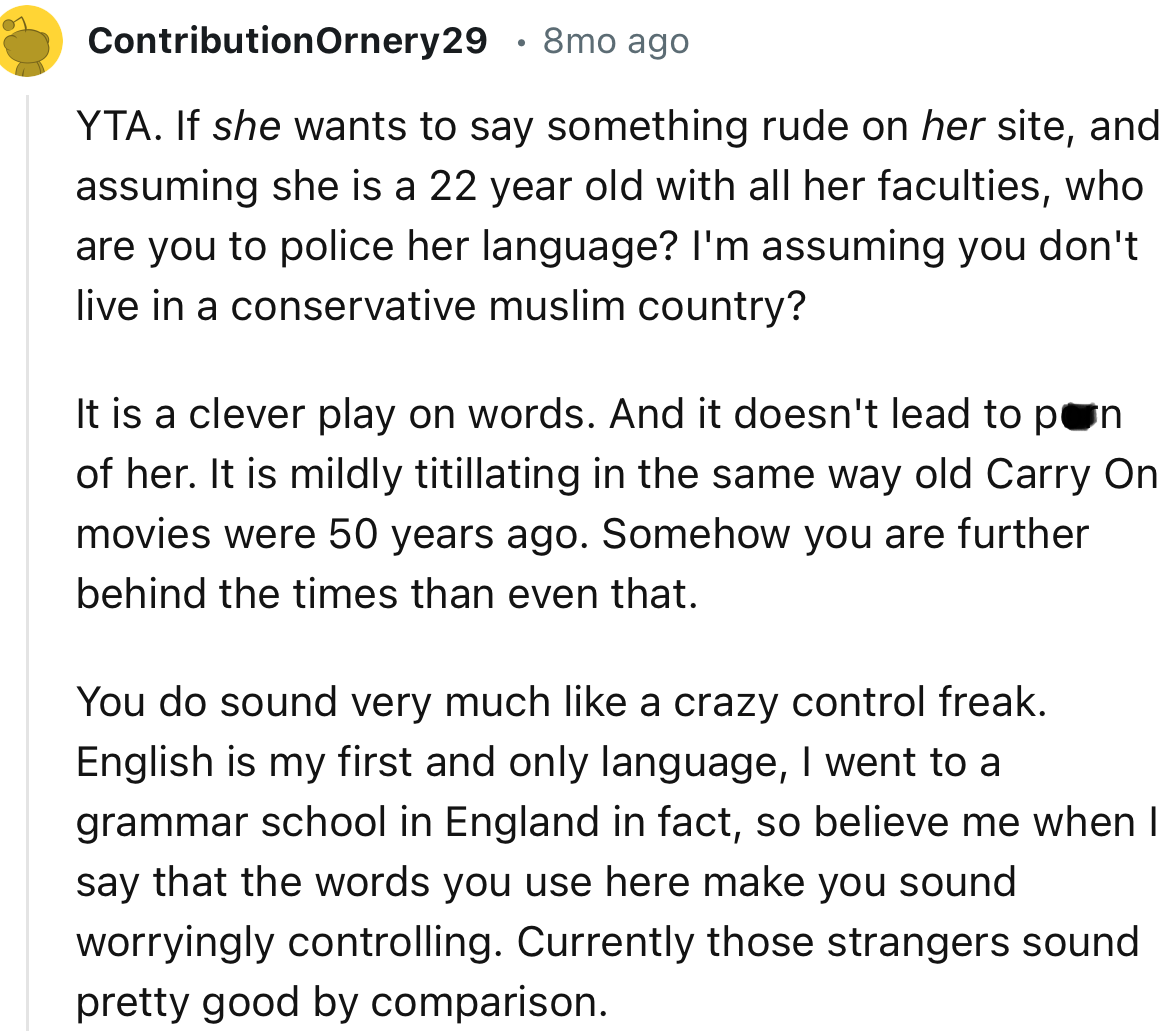 “YTA. It is a clever play on words. And it doesn't lead to porn of her.”