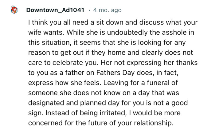 “I think you all need to sit down and discuss what your wife wants.”