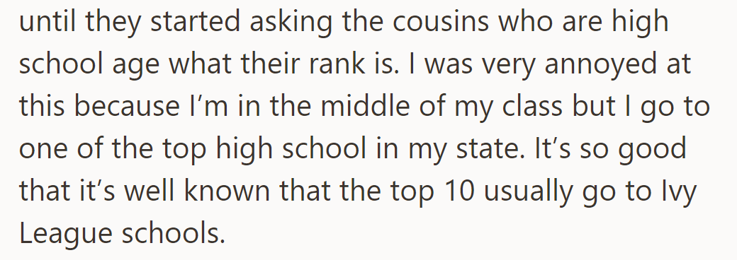OP was irked by the cousin-rank inquiry. They attend a top high school where the top 10 go to Ivy League schools.