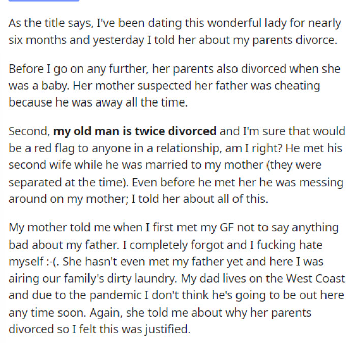 OP explains the details on how he told his girlfriend the reason for his parents' divorce, which he explains to us as well.