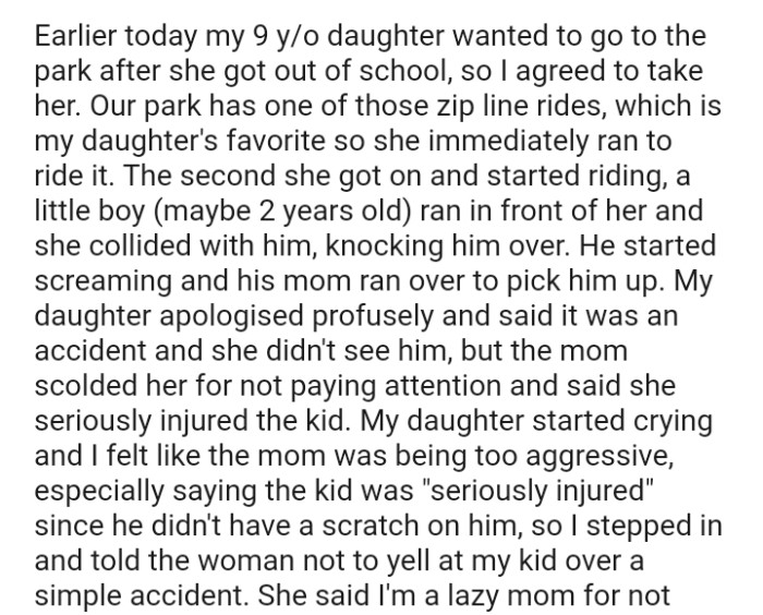 A kid ran in front of the OP's daughter, and she collided with him, knocking him over