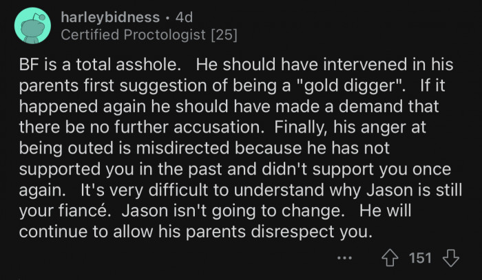 The fiancé should have put a stop to the accusations, but he never did.