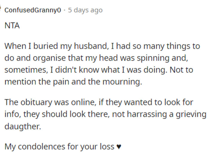 The obituary was online which means they could have checked but OP said he'd follow up.