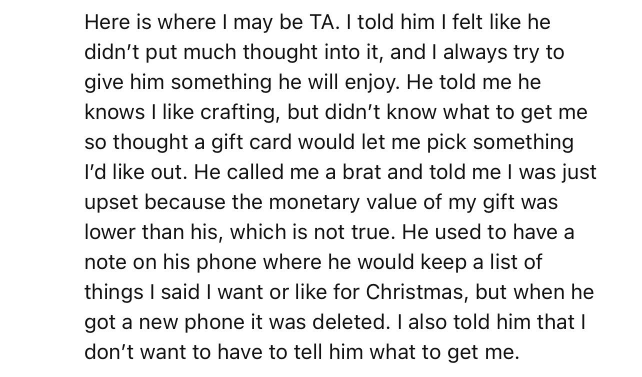 OP’s Boyfriend Called Her a Brat for Being Ungrateful and Allegedly Looking Down on His Gift Because It Didn’t Match Up Monetary-Wise to What She Got Him