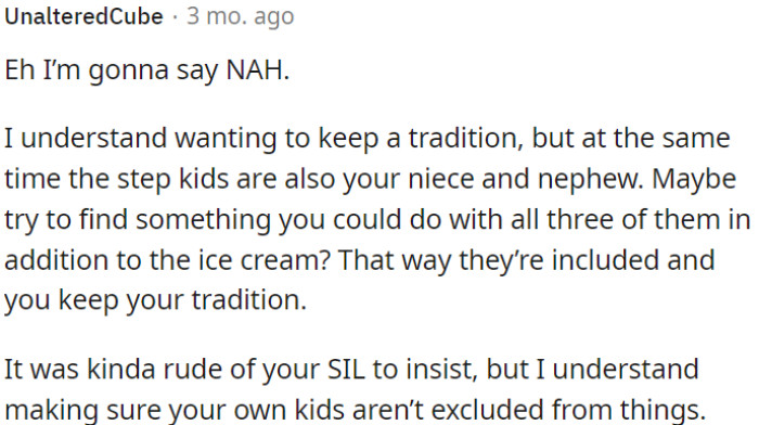 OP could find an activity involving all the kids, including the stepchildren, alongside the ice cream tradition.