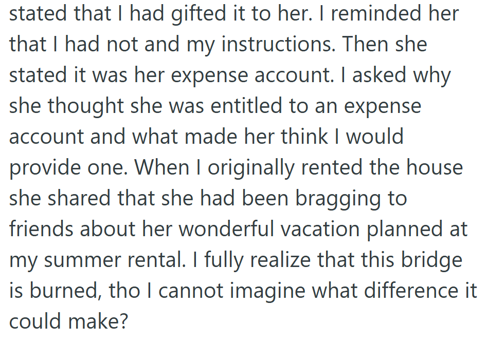 By the end, her sister-in-law was calling it an “expense account” and bragging about her “vacation” at the recovery house—a final sign that the relationship was beyond repair.
