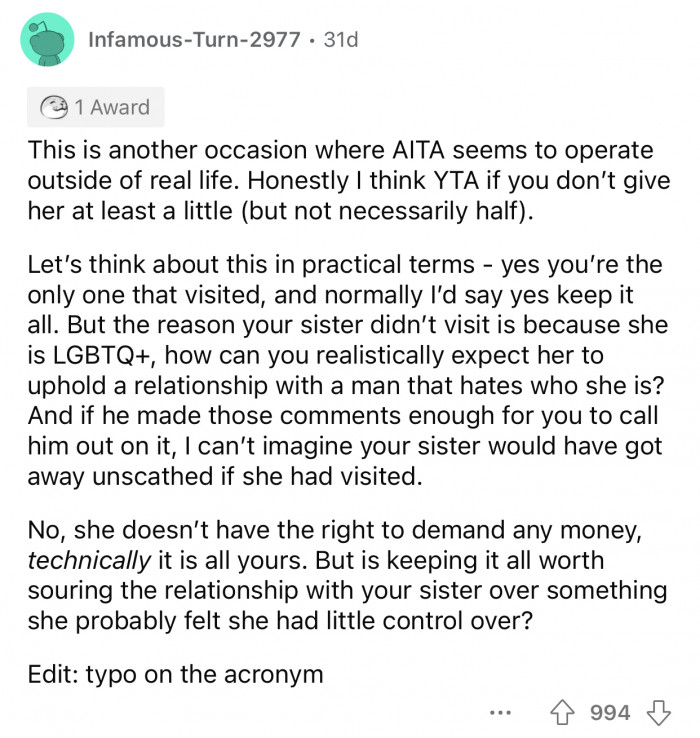 The sister should at least receive a portion of the inheritance.