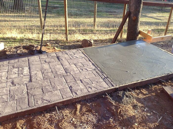"Concrete Before And After Stamping It For A Stone Tile Look"
